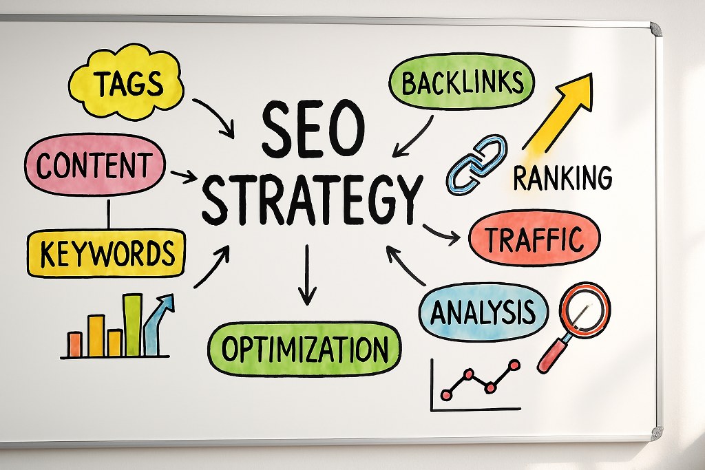 A whiteboard with SEO strategy and keywords.