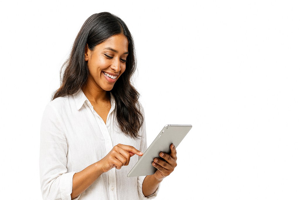 A woman scrolling her tablet.