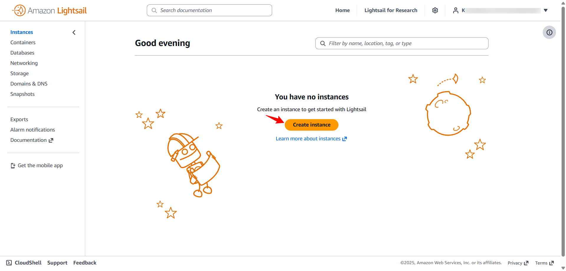screenshot of Amazon Lightsail menu