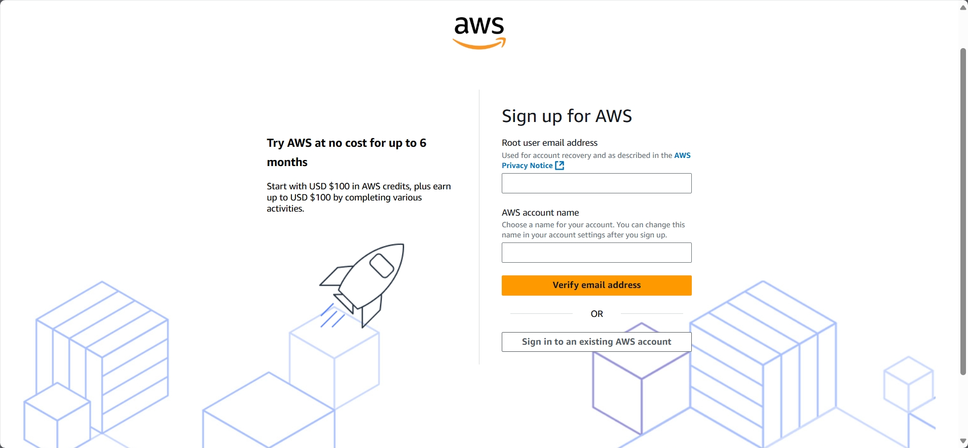 screenshot of AWS Sign Up page
