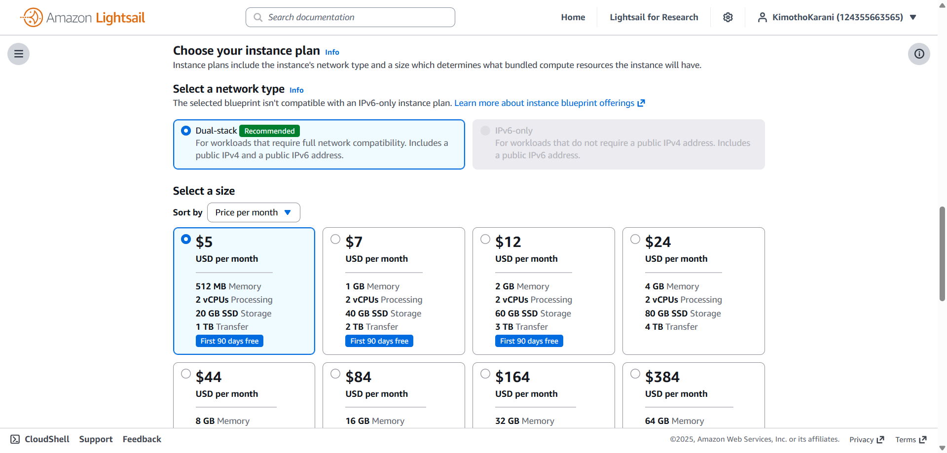 screenshot of AWS hosting plans