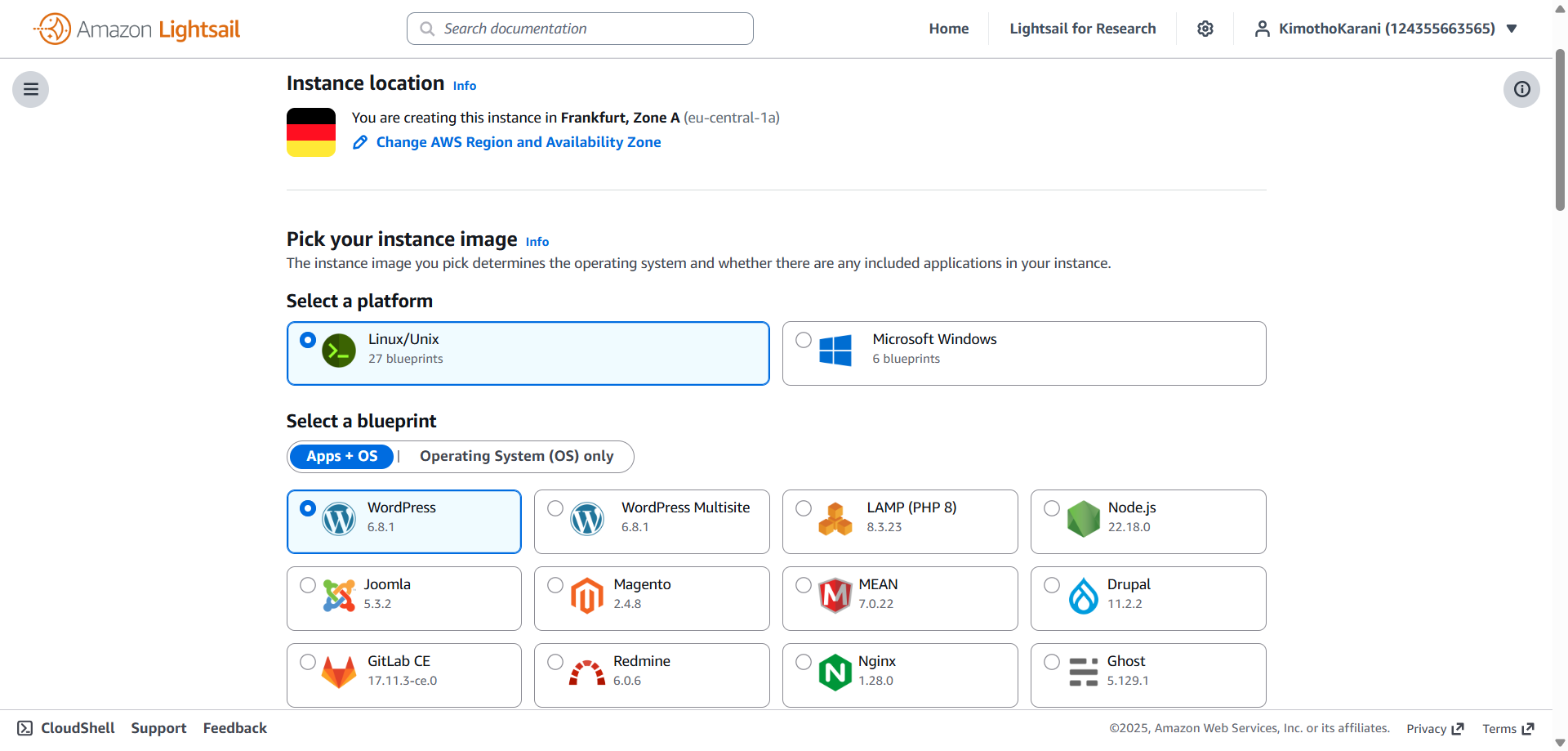 screenshot of Amazon Lightsail server locations