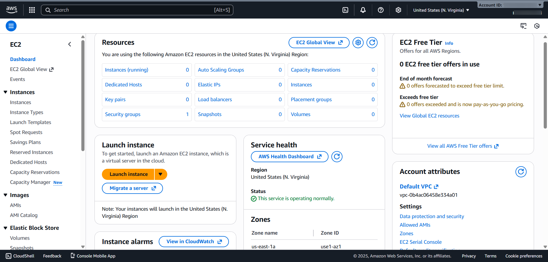 screenshot of AWS EC2 console