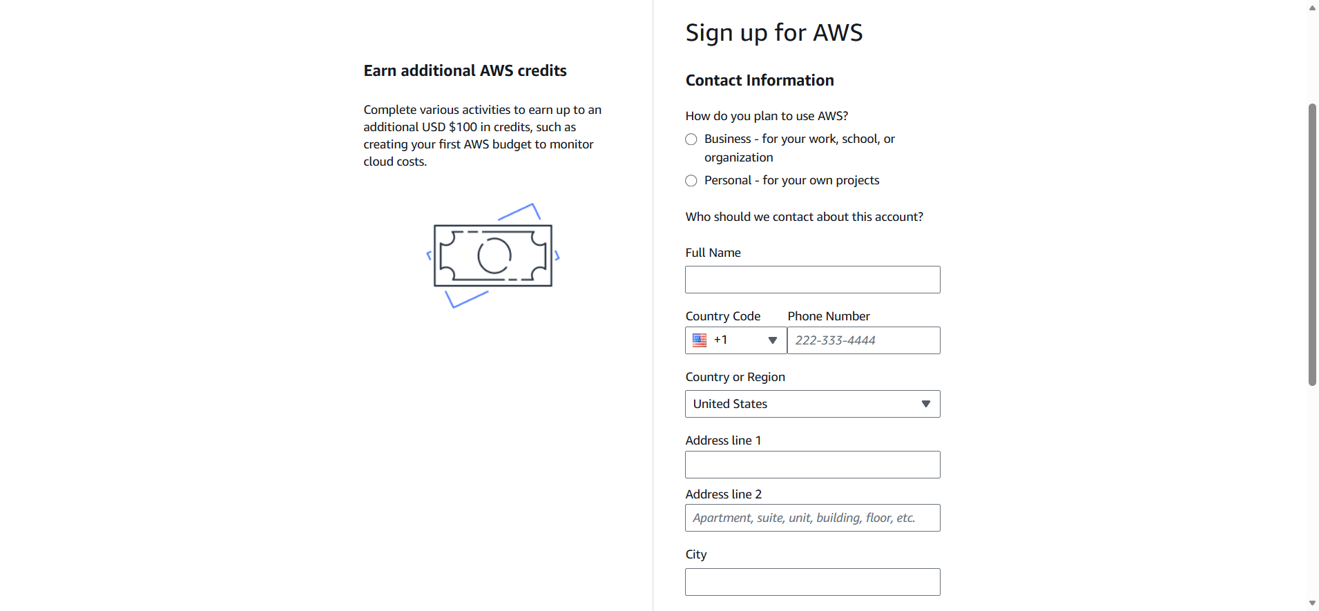 screenshot van AWS registratieformulier deel 2