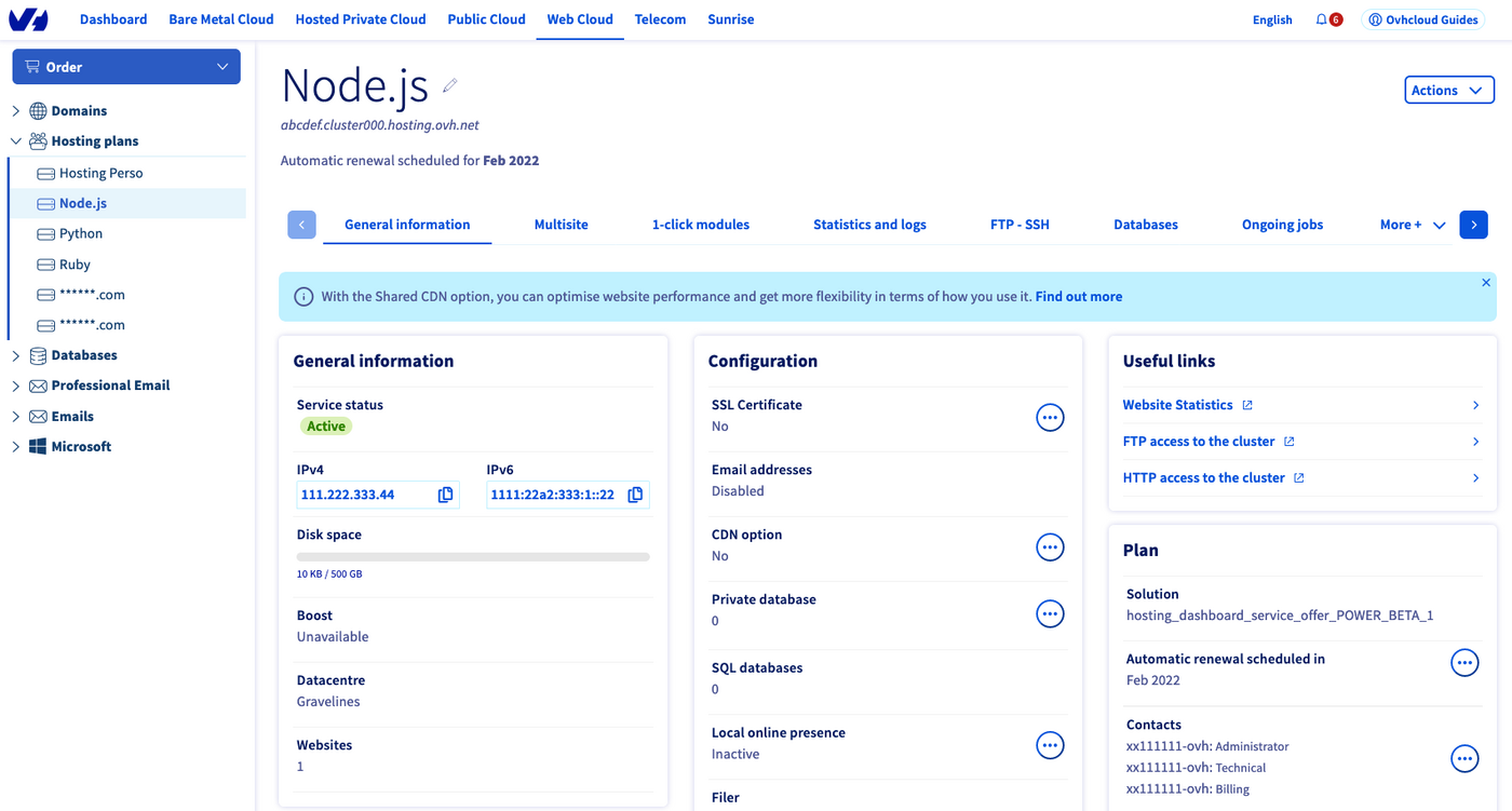 screenshot of OVHcloud Order general information