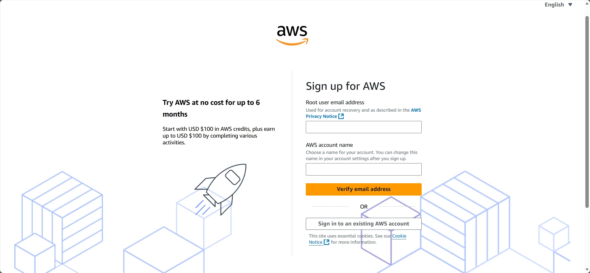 screenshot van AWS registratieformulier