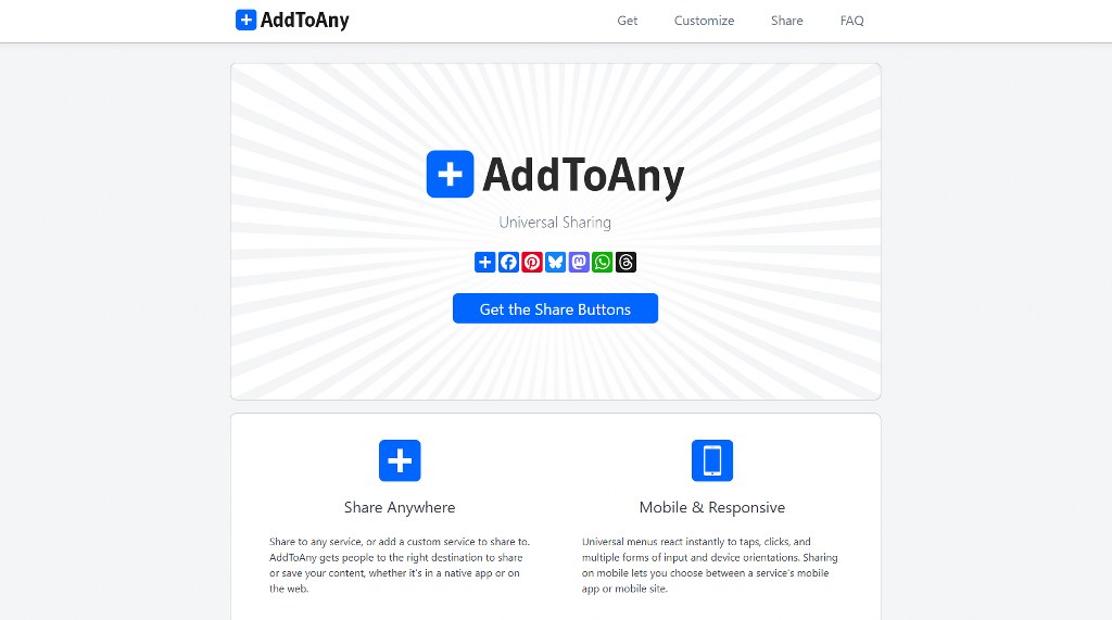 AddToAny website homepage.