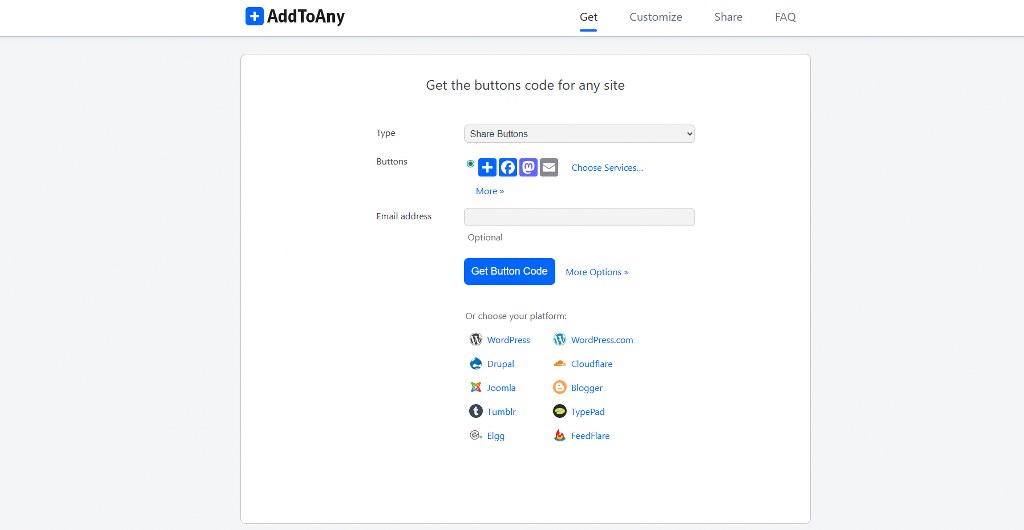 AddToAny's webpage for getting buttons for free.