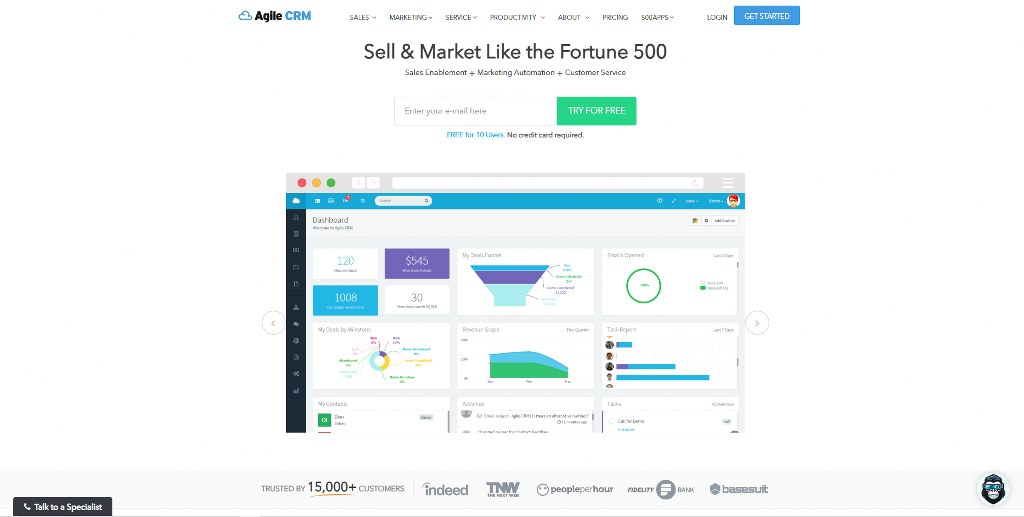Agile CRM's website homepage.