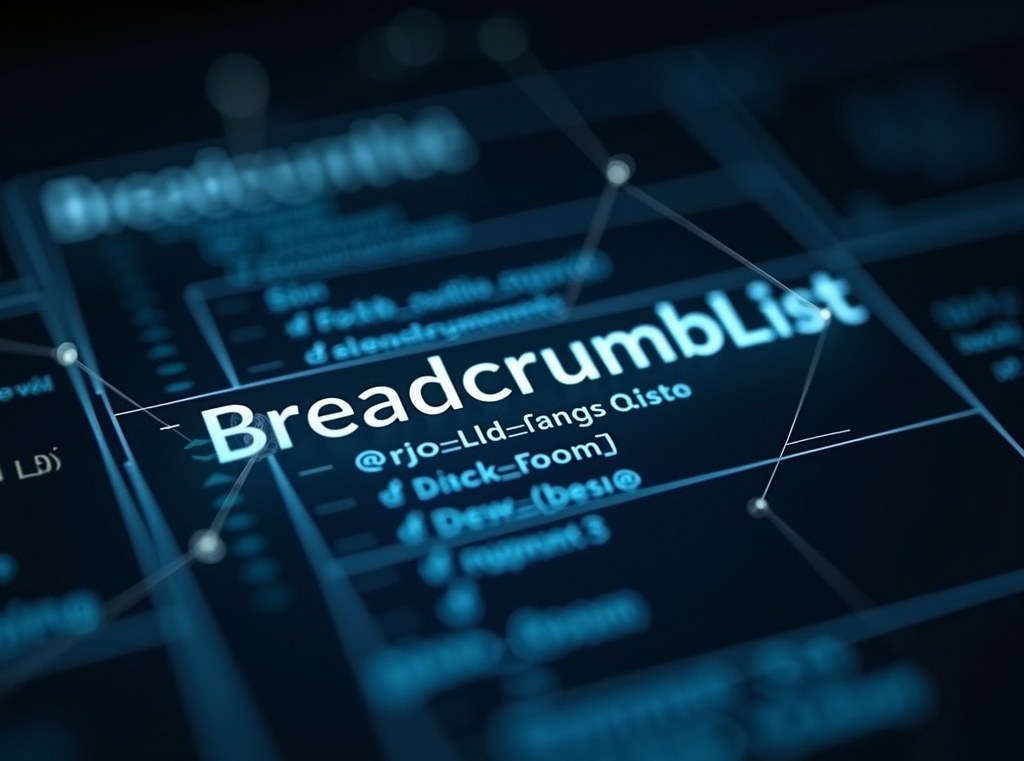 An abstract visual of BreadcrumbList schema code connecting to a website's structural blueprint.