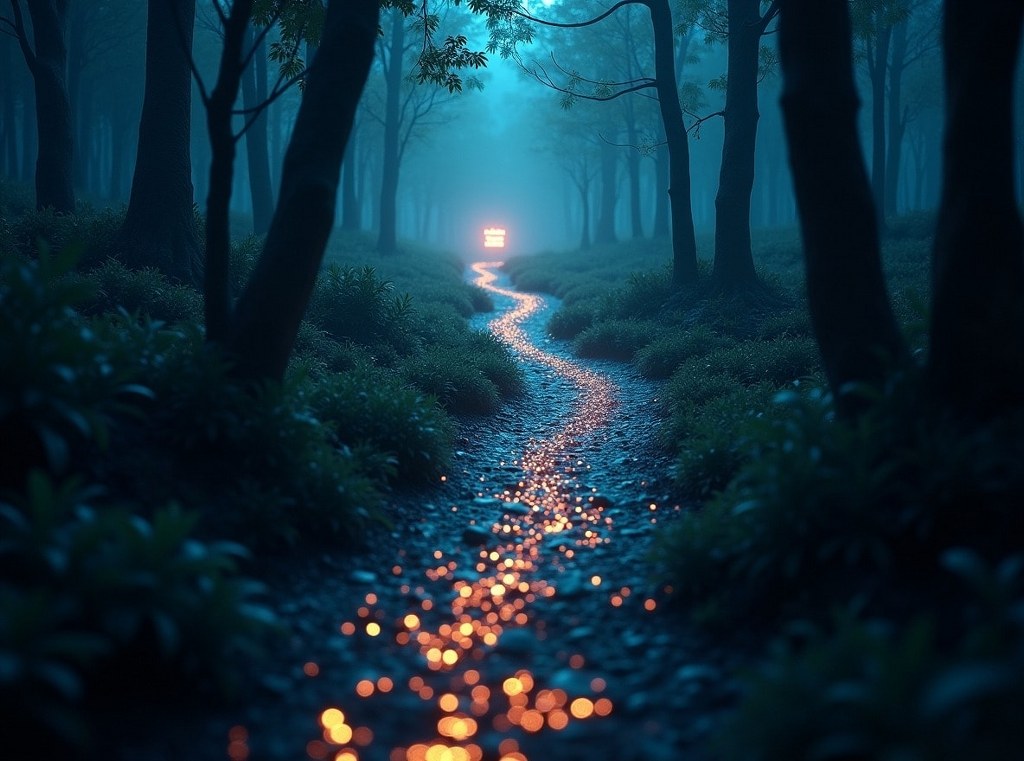 An artistic representation of the Hansel and Gretel metaphor with glowing digital breadcrumbs in a code forest.
