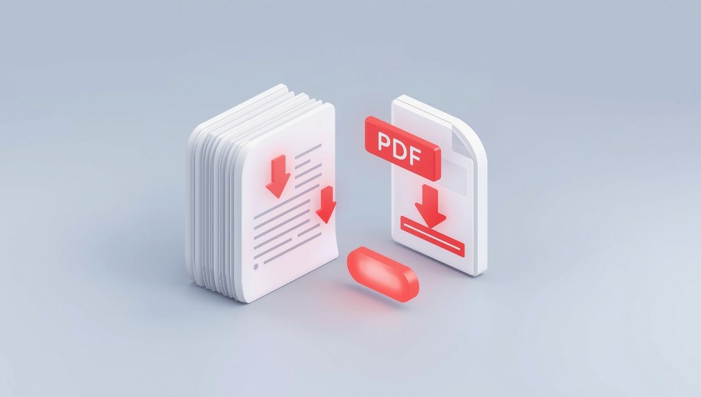 An ebook with pages transforming into a PDF file icon with a red downward arrow.