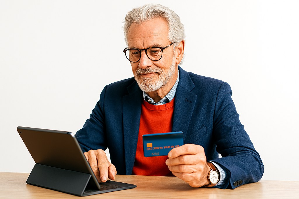 An elderly man using his credit card to shop online.