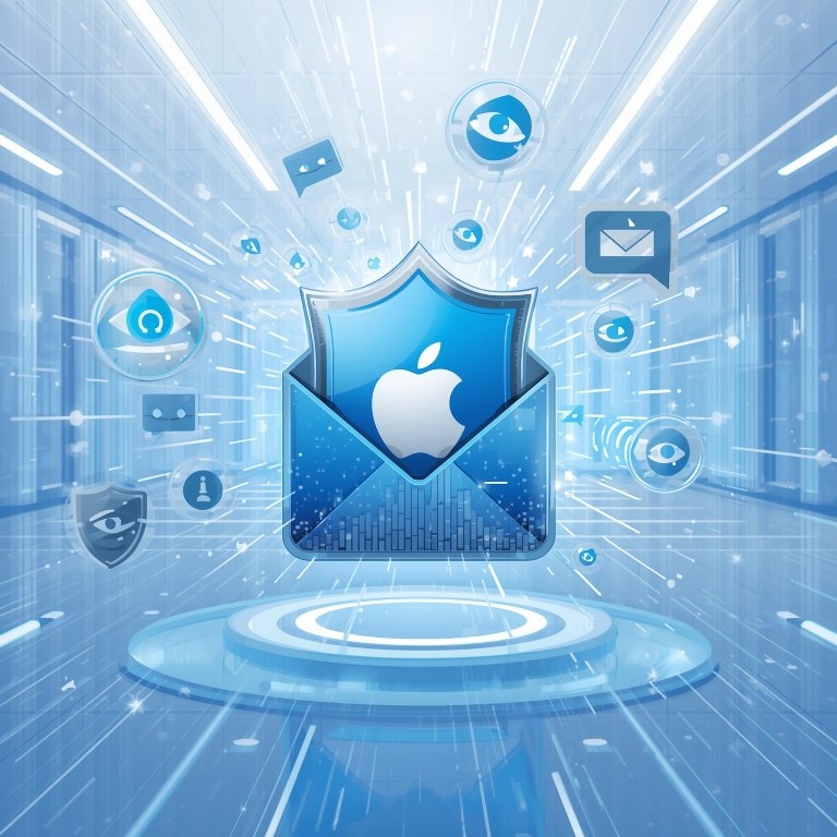 An email envelope icon is surrounded by a protective shield with the Apple logo subtly integrated.