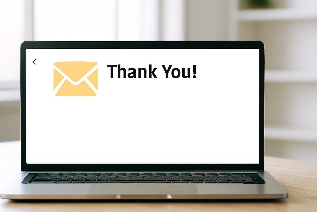 An envelope on a computer screen and a Thank you message.