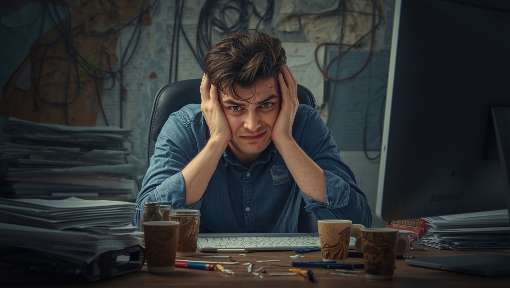 An exhausted content creator sitting in front of a desk with a computer and stacks of papers.