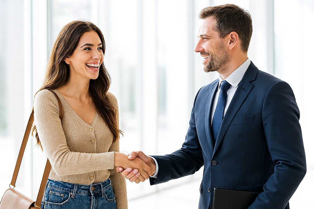 An influencer shaking hands with a partner.