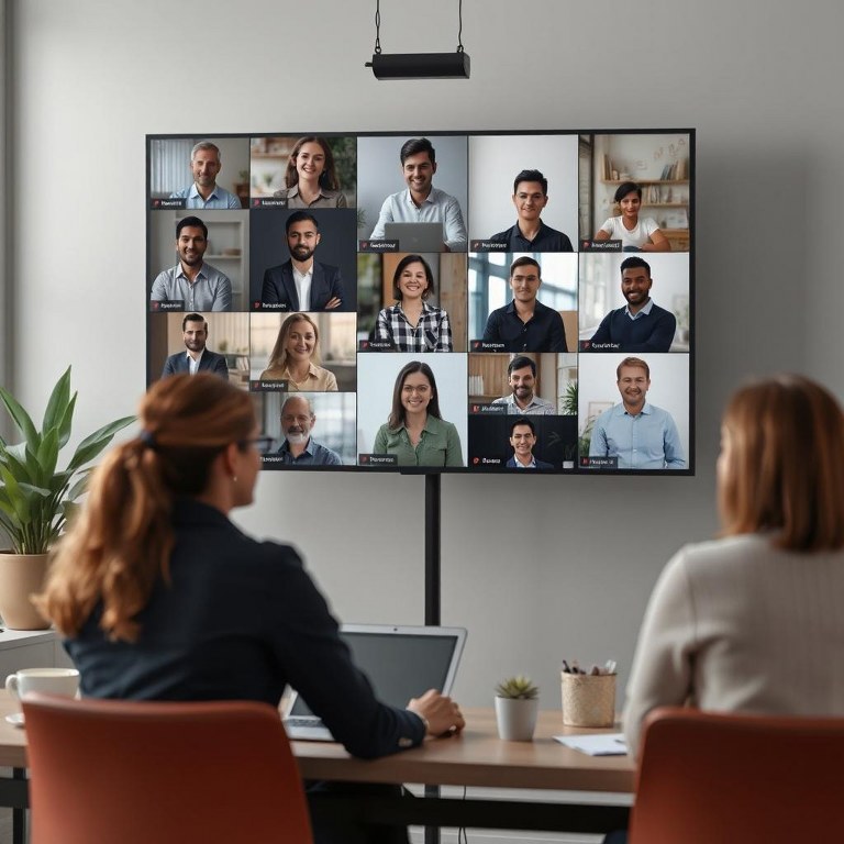 An online workshop session with multiple participants displayed on a large screen.
