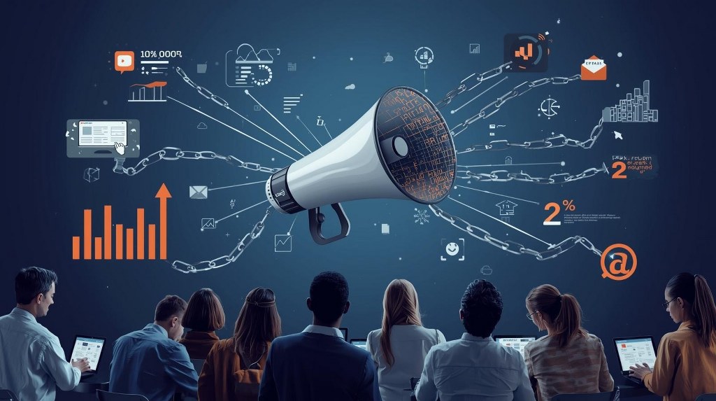 At the center, display a large megaphone with digital elements radiating outward.