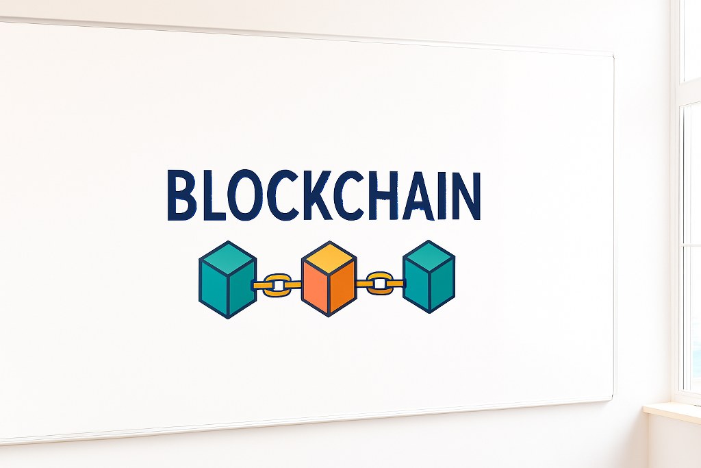 Blockchain concept on a whiteboard.