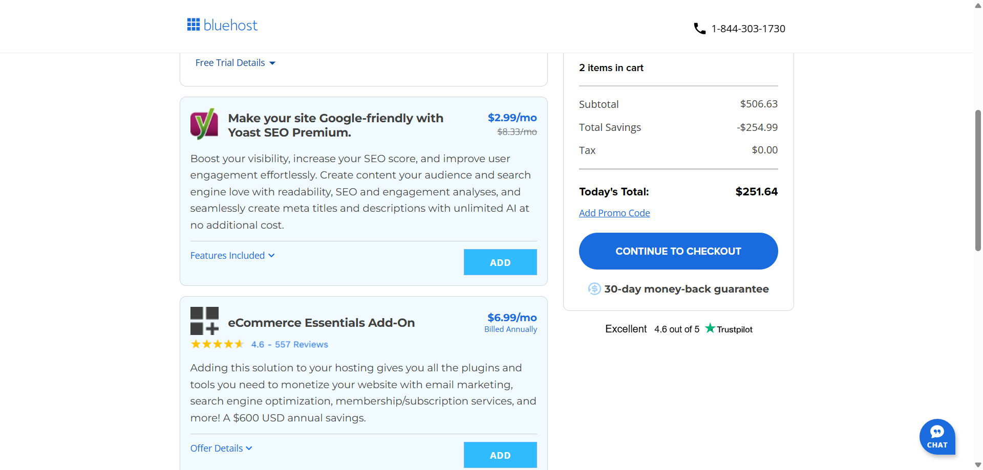 screenshot of Bluehost Addons