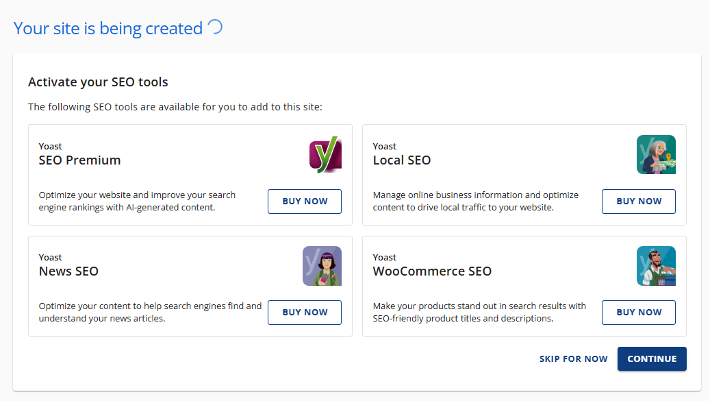screenshot of Bluehost SEO tools