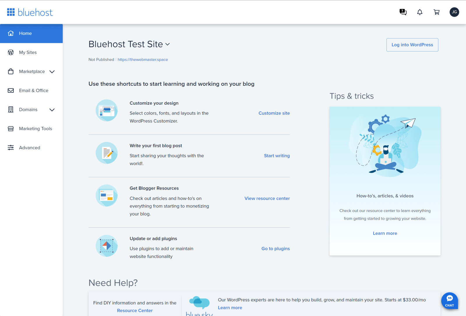 screenshot of Bluehost dashboard