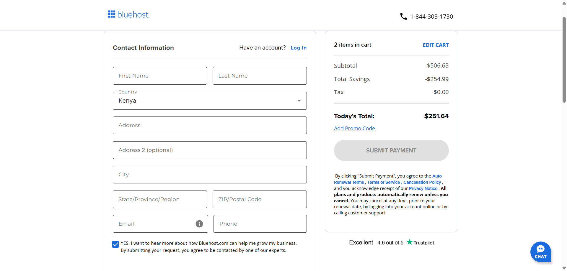 screenshot of Bluehost signup form