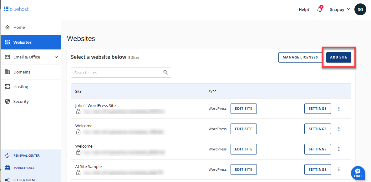 screenshot of Bluehost Websited window