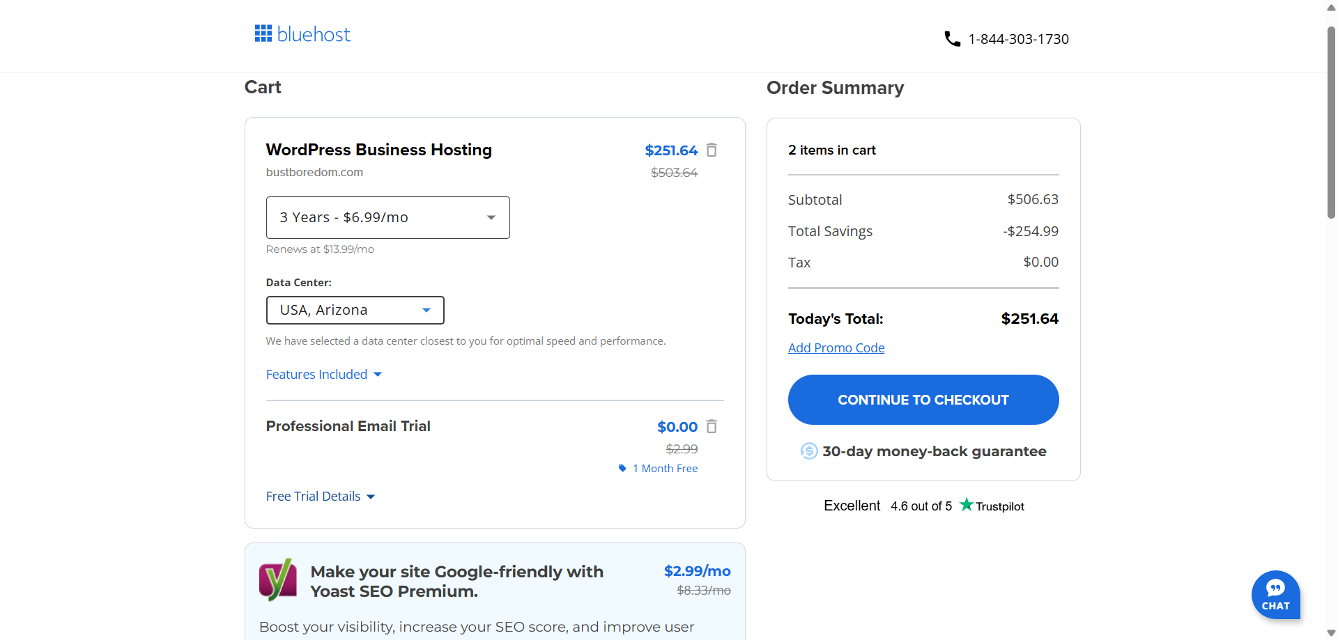 screenshot of Bluehost Cart