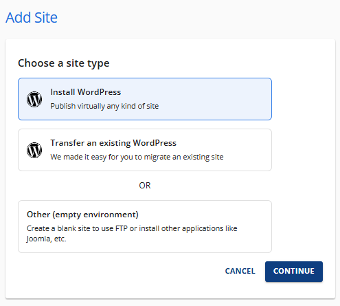 screenshot of Bluehost WP website types