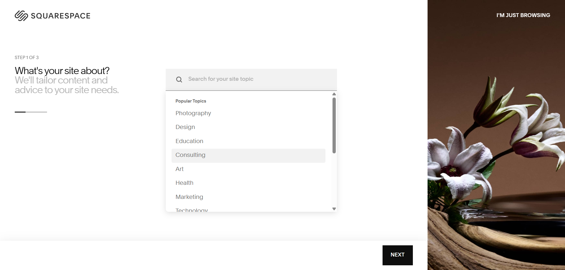 screenshot of Squrespace popular topics