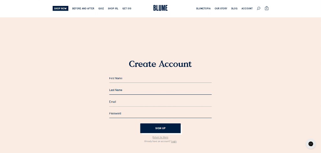 Blume's sign up page.