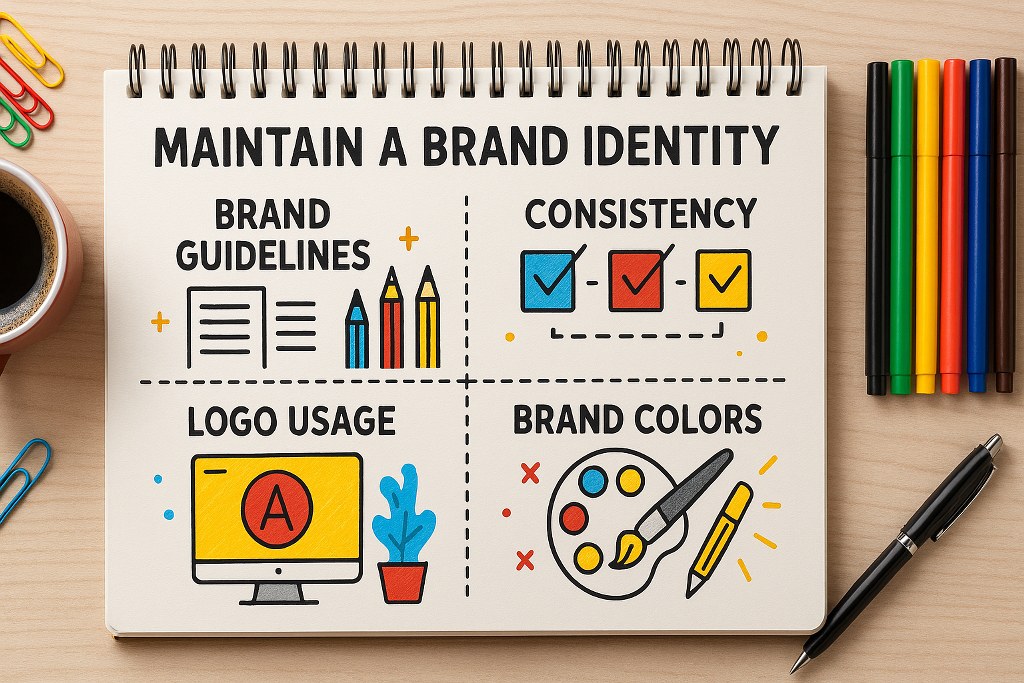 Brand identity guidelines on a notebook.