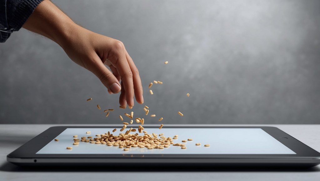 Breadcrumbs falling from someone's hand and onto a tablet.