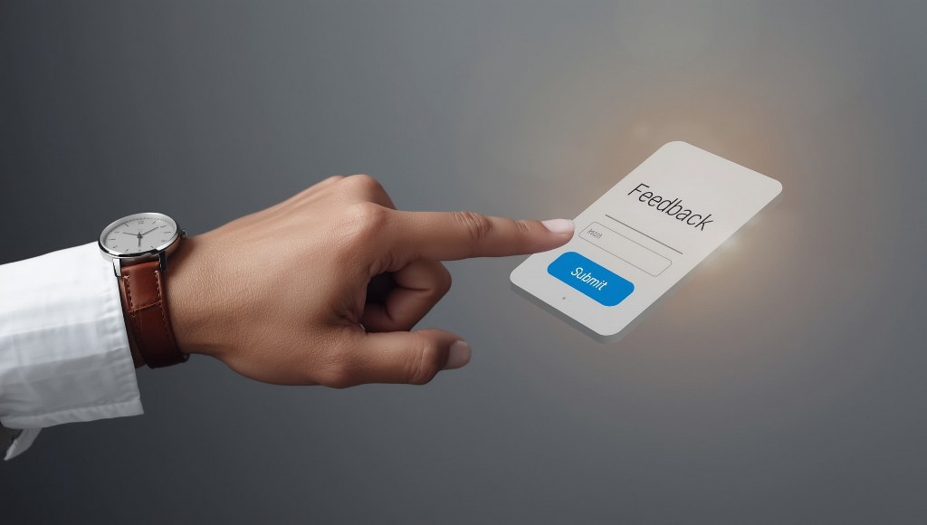 Businessman hand pushing feedback on screen.