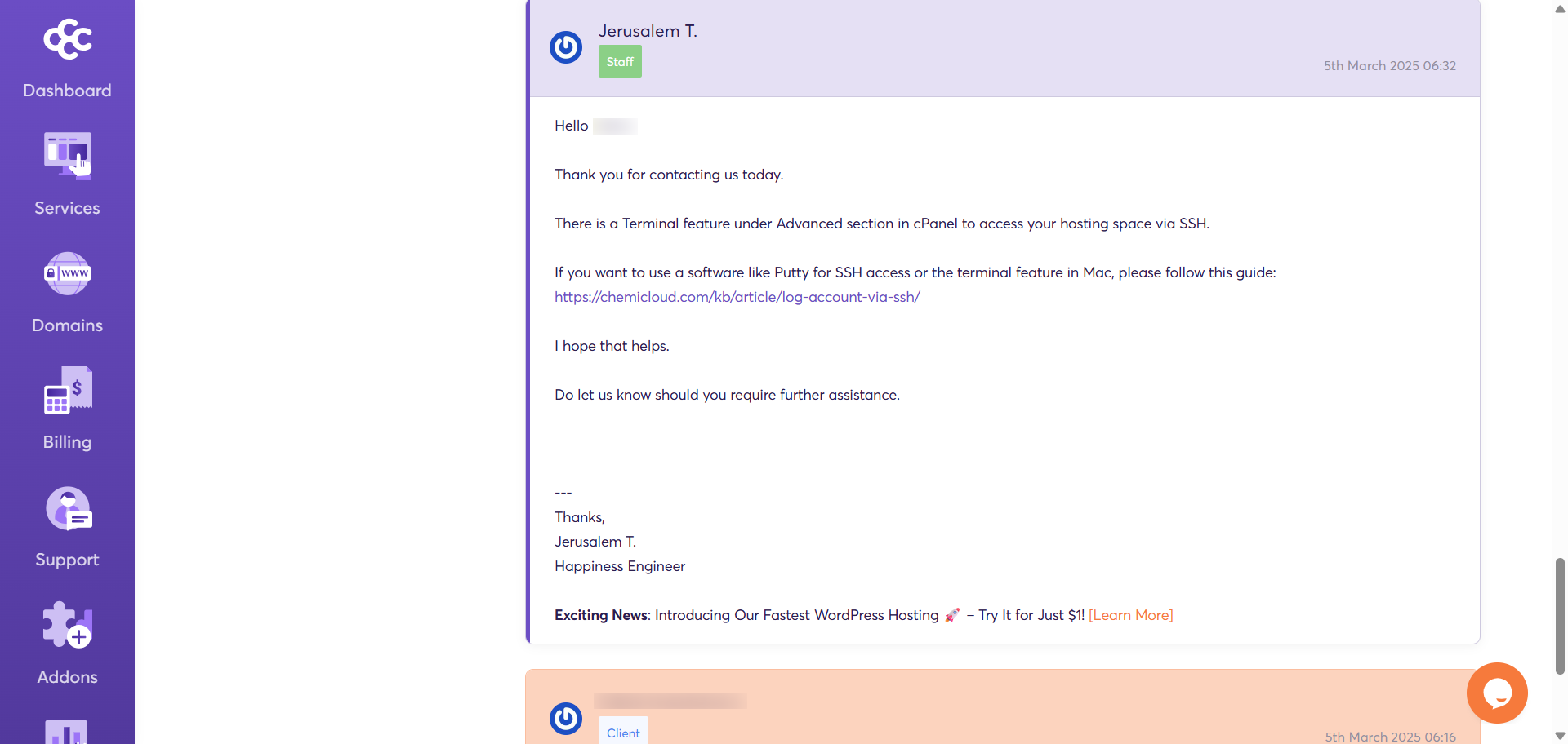 screenshot of the support ticket