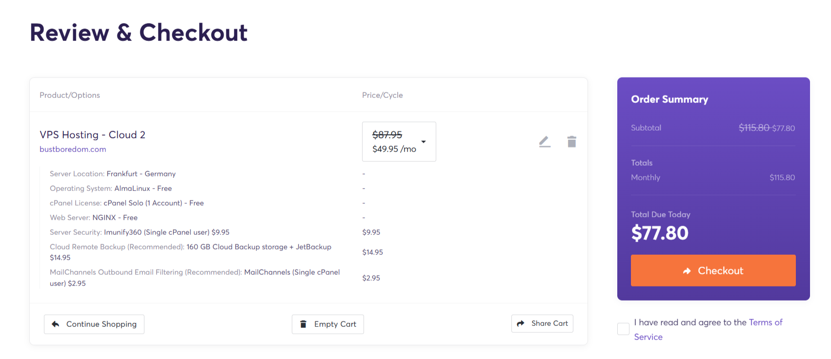 Chemicloud Review & Checkout page