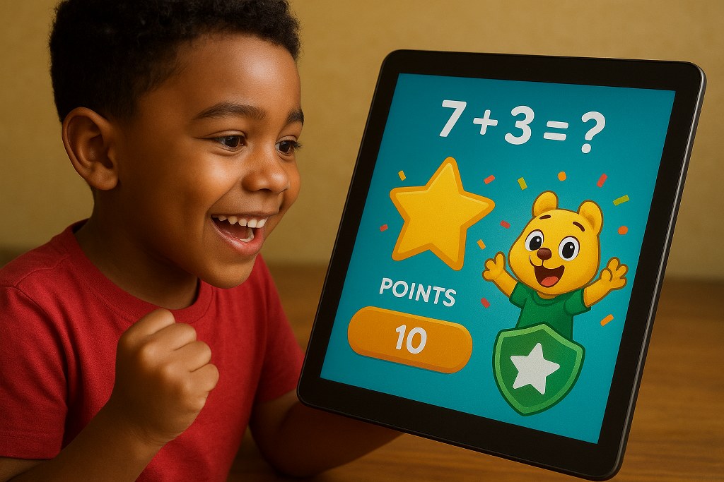Child looking at tablet with math question and earning points.