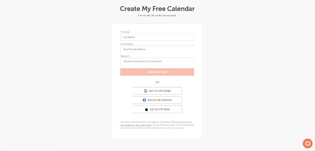 CoSchedule's sign-up page.