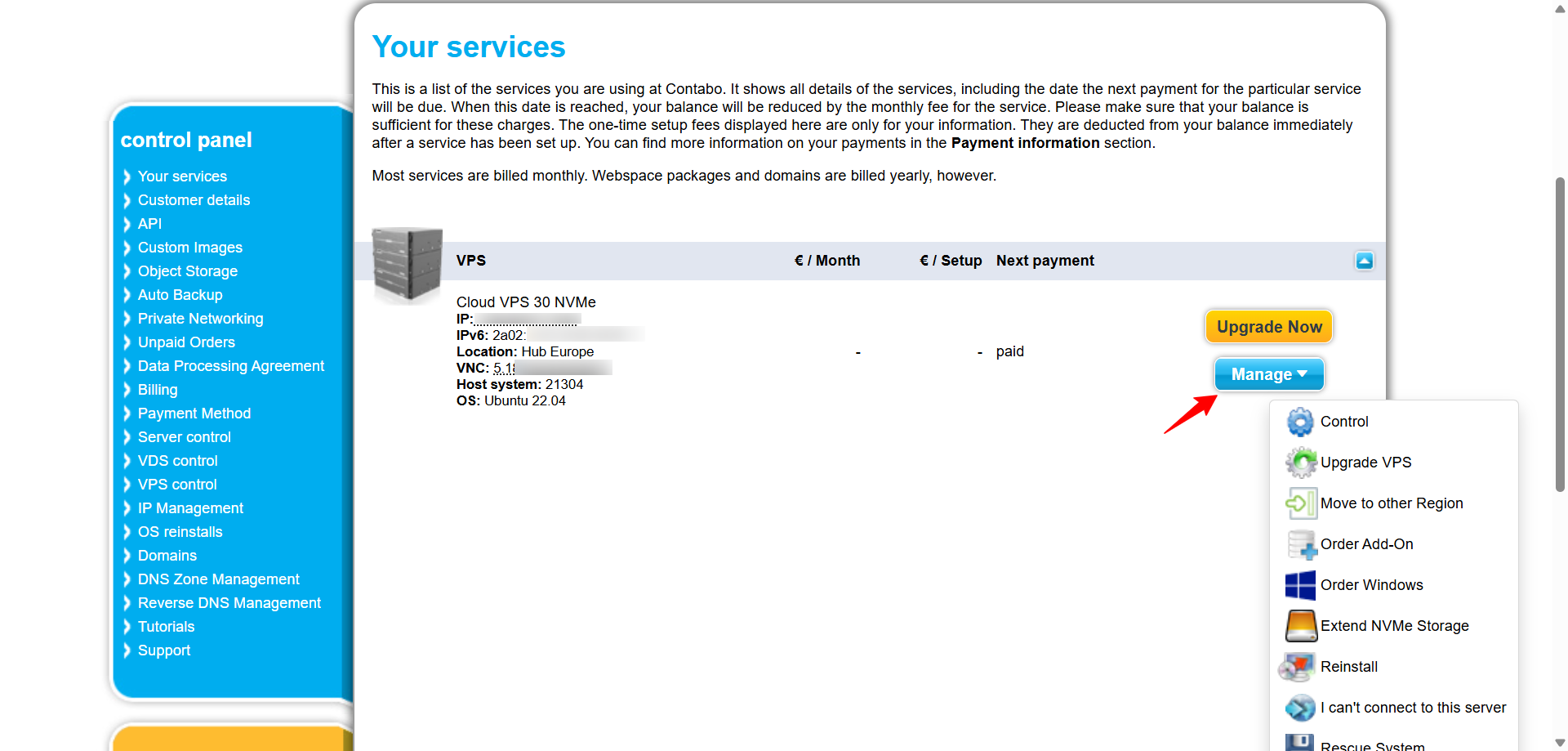 screenshot of manage dropdown menu