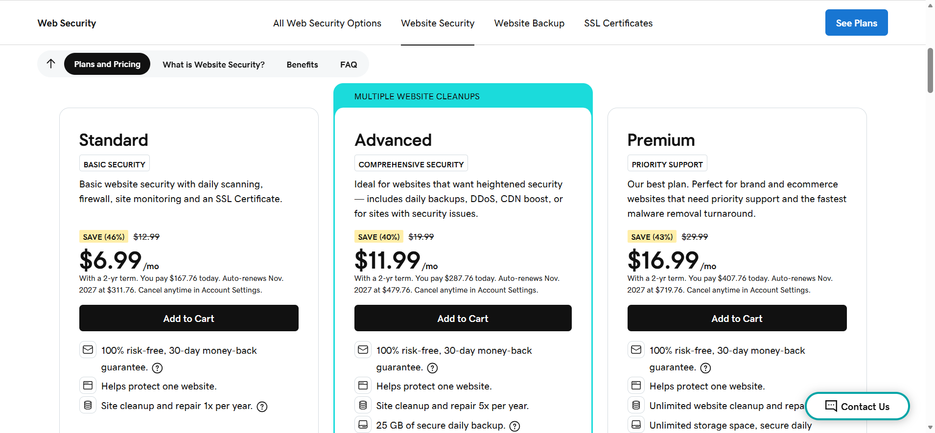screenshot of Godaddy hosting plans