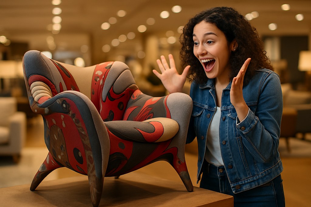 Customer's face lights up at the uniquely shaped chair emphasizing the visceral design.