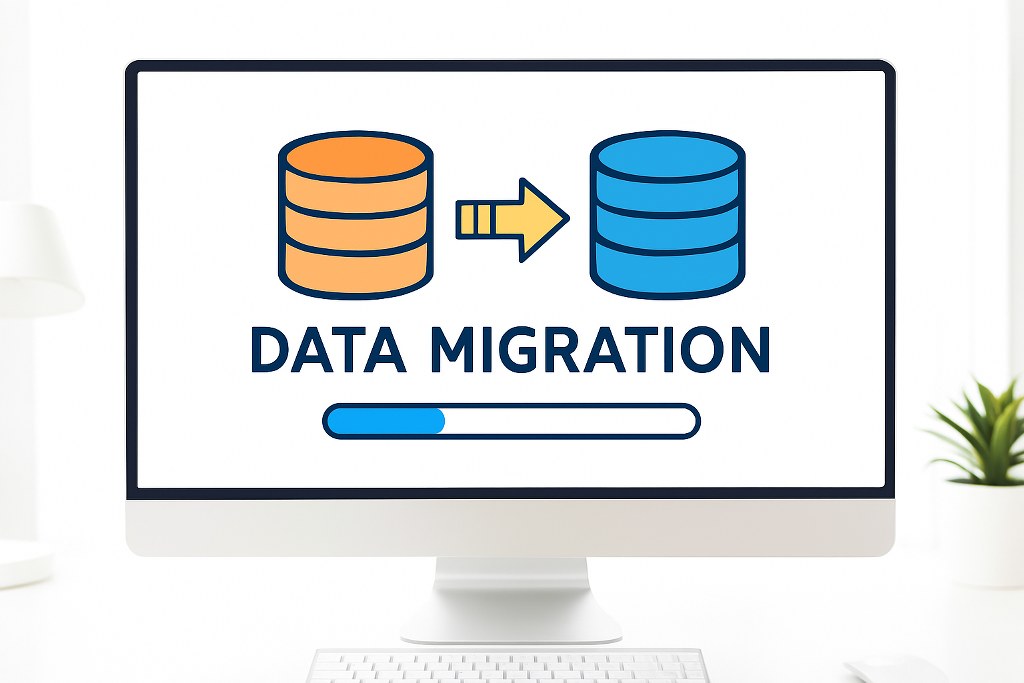 Data migration illustration on a monitor.