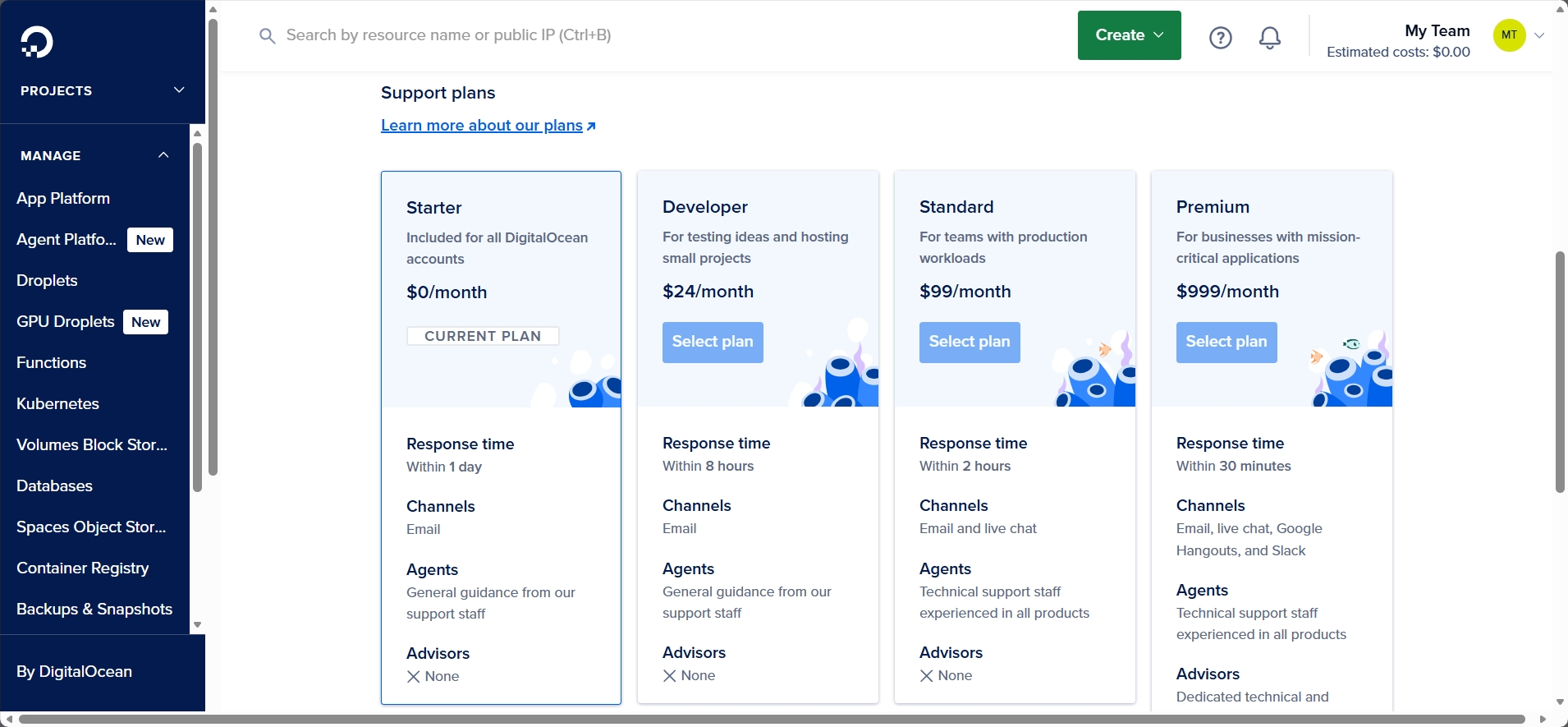 screenshot of DO Support plans
