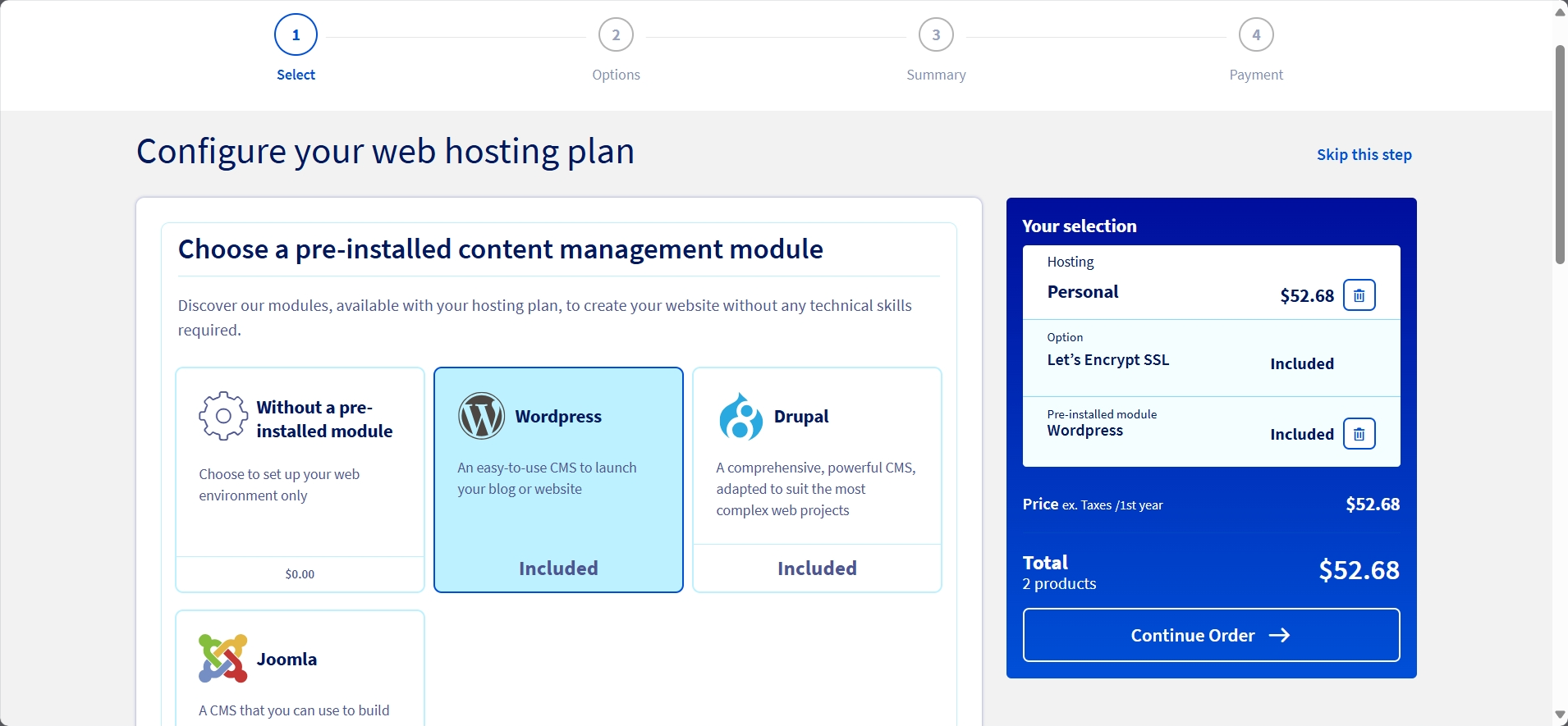 screenshot of OVHcloud hosting plan configurations