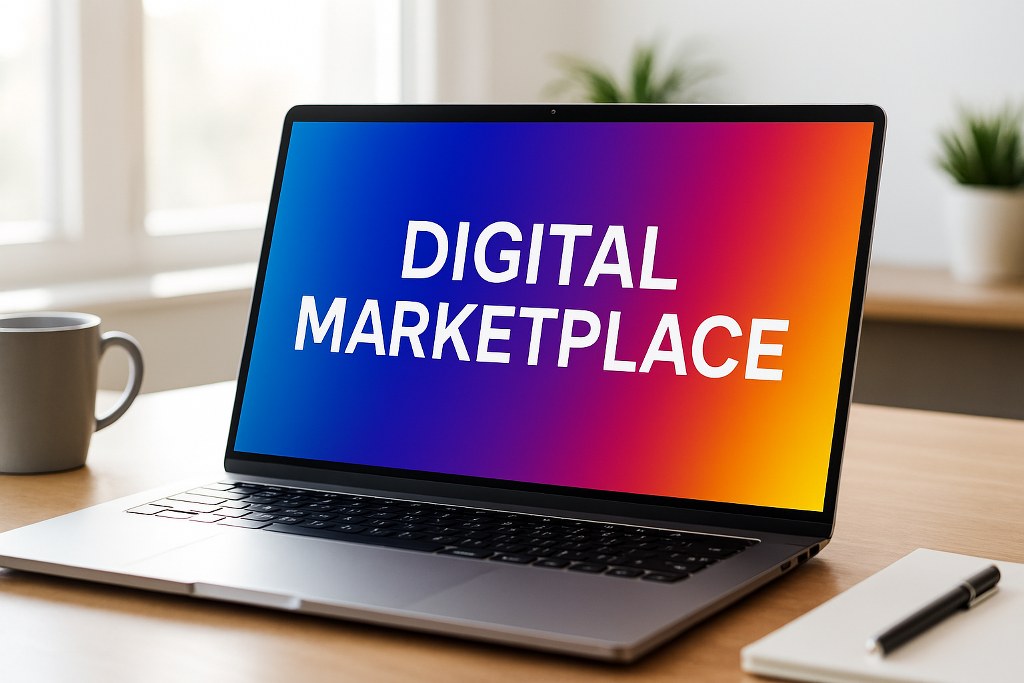 Digital marketplace text on a laptop.