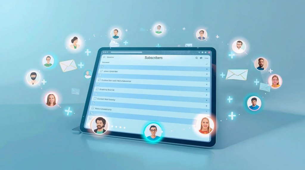Digital tablet displaying a subscriber list with names and email icons.