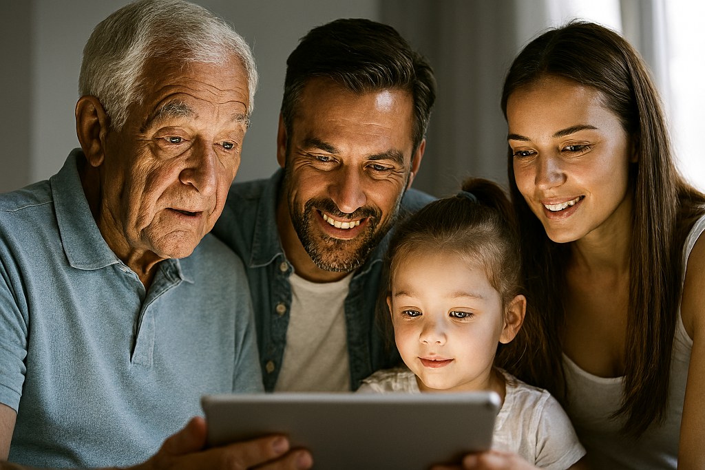 Diverse group of people using a tablet representing different demographics.