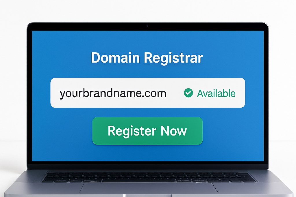 Domain registrar site on a laptop.